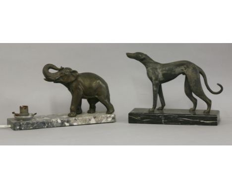 Two Art Deco spelter groups,an elephant lamp base, lacking shade,30cm, anda greyhound,25cm (2)