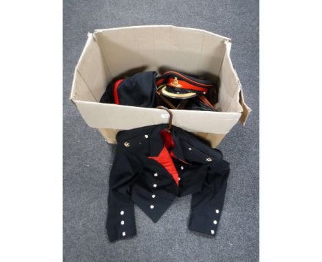 A box of military Army dress uniform, military caps, belts etc 