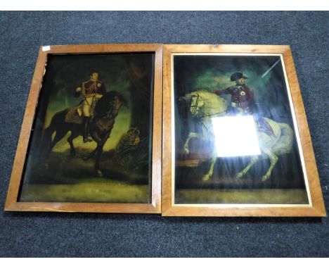 A pair of reverse prints on glass depicting George III and George IV on horseback