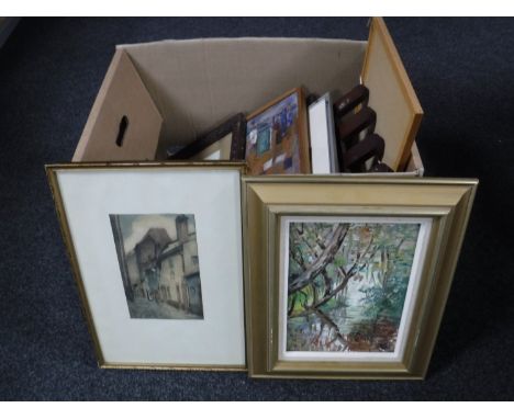 A box containing continental school, pictures and prints, including abstract oils, etchings, oil on canvas, etc 