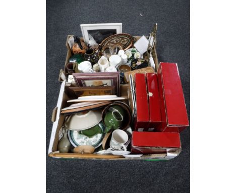 Two boxes containing four boxed Spode serving and flan dishes, glass ware, wall plates, wooden trinket box, brass easel, glas
