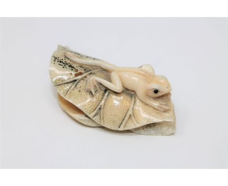 A well-carved Japanese ivory netsuke depicting a frog on a leaf, Meiji period, signed, length 6.5cm