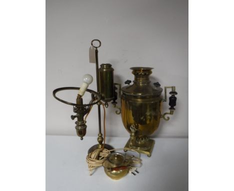 A 20th century brass samovar with kettle together with a brass oil desk lamp (converted)
