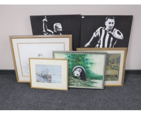 Two Newcastle United wall canvases together with four framed prints including an A. Buikema print - Swans, lithographic print