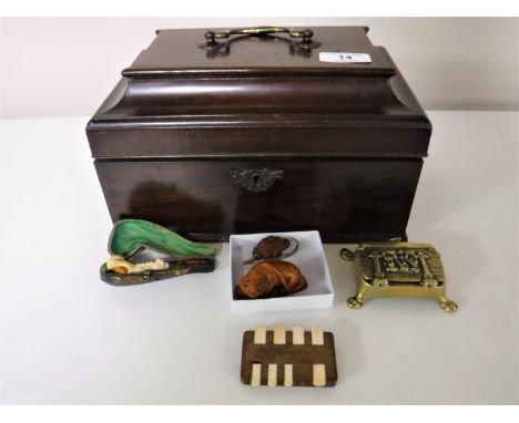 A 19th century mahogany caddy, together with a brass box, a Japanese bezique marker, a boxed pipe, a Japanese netsuke and a c
