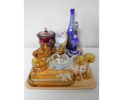 Glassware to include a part amber glass dressing table set, Orrefors bowl, blue flash table lamp etc (qty)