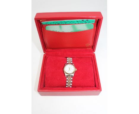 A Lady's stainless steel and 18ct gold Rolex Oyster Perpetual Datejust Wriswatch, on Rolex steel and gold Jubilee bracelet wi