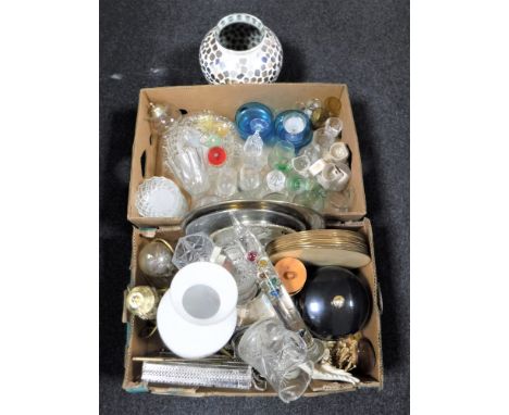 Two boxes of assorted glassware, plated ware, contemporary thermometer, vases etc