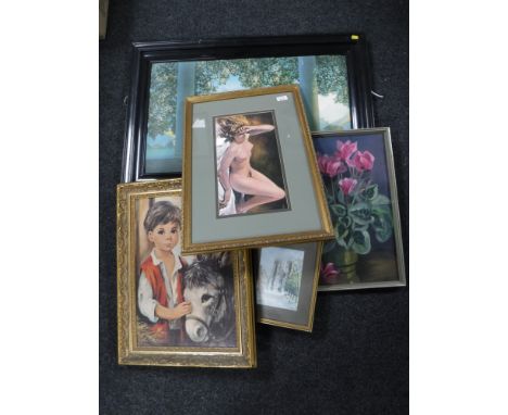 A collection of colour prints, oil on canvas, pictures, etc
