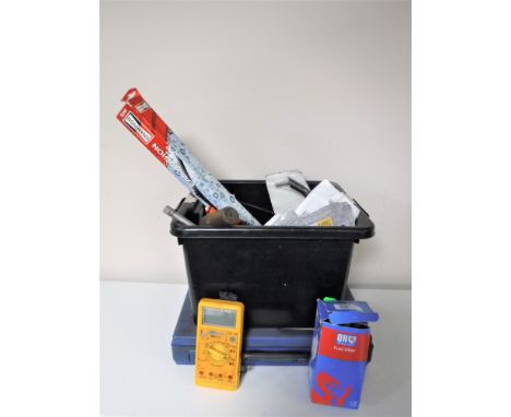 A welders gas bottle trolley together with a box containing welding tools and a further plastic box containing hand tools, ha