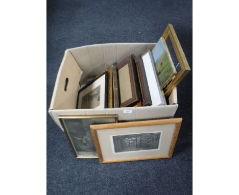 A box containing continental school pictures and prints, including etchings, signed photograph, oil on canvas, cattle grazing