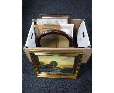 A box containing continental school pictures and prints including religious study, gilt framed oil on canvas, rural scene at 