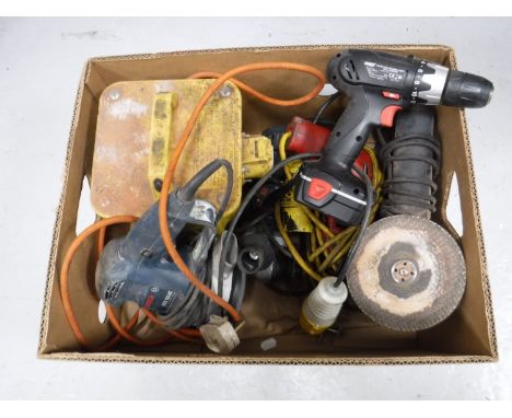 A box containing 110 volt transformer, together with assorted power tools 