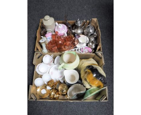 Two boxes containing plated tea service, glass and china trinket sets, tea china, Arthur Wood pieces etc