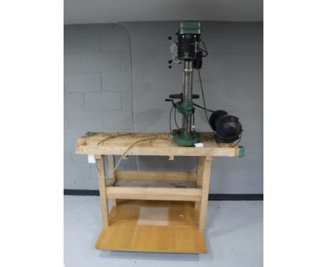A Clarke woodworking bench, together with a Nutool heavy duty sixteen speed drill press and a Clarke 200mm bench grinder 