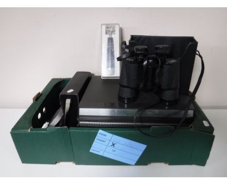 A set of cased Tasco 16x50 binoculars together with a cased Gaf cine camera, a microphone and a reel to reel player
