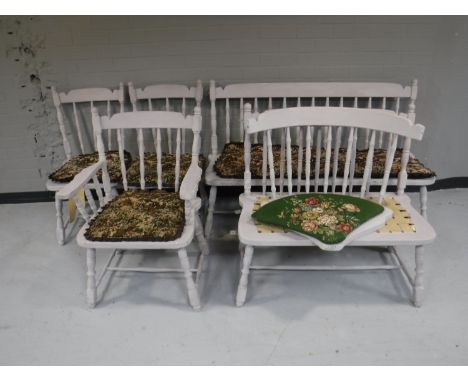 A triple section painted corner bench, together with matching armchair and two dining chairs 