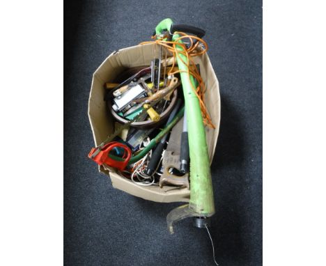 A box of a quantity of hand tools, garden tools, electric strimmer etc