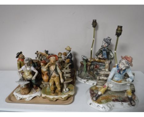 A tray of seven continental figures, an early 20th century pottery egg stand and two Capo di Monte china lamp bases 