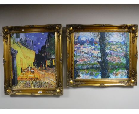 Two ornate gilt framed prints, Parisian street scene and a landscape study 