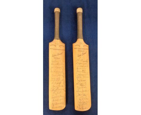 Cricket autographs, two miniature cricket bats bearing multiple signatures of the Australian Touring Sides from 1968 and 1972