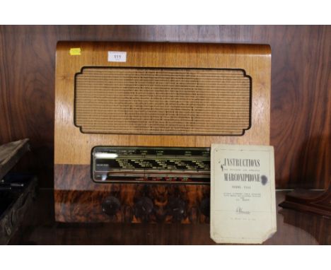 A VINTAGE MARCONIPHONE RADIO MODEL T26A COMPLETE WITH INSTRUCTION MANUAL