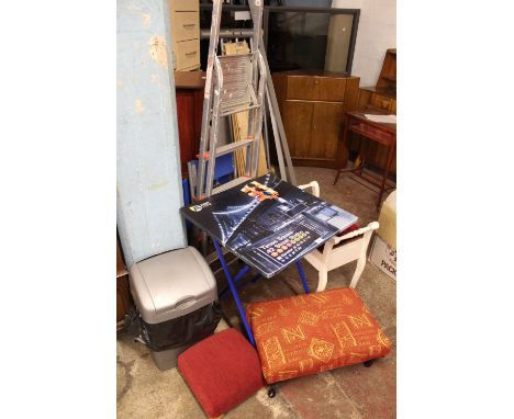 A KITCHEN TABLE AND TWO FOLD DOWN CHAIRS, STOOL, ETC (6)