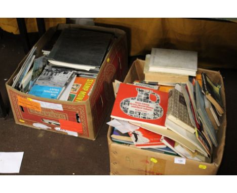 TWO BOXES OF VARIOUS BOOKS, MAGAZINES AND GUIDE BOOKS ETC, relating to football, stamp collecting, vehicle maintenance etcCon