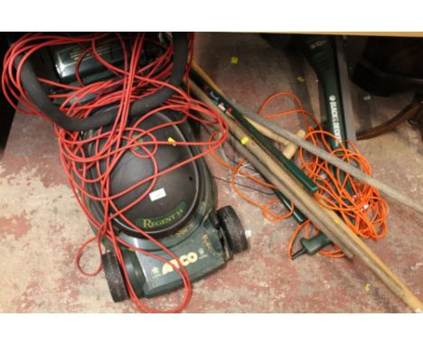 AN ELECTRIC MOWER TOGETHER WITH A SELECTION OF TOOLS, ETC