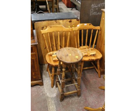 A PINE TABLE TOGETHER WITH TWO CHAIRS AND A STOOL