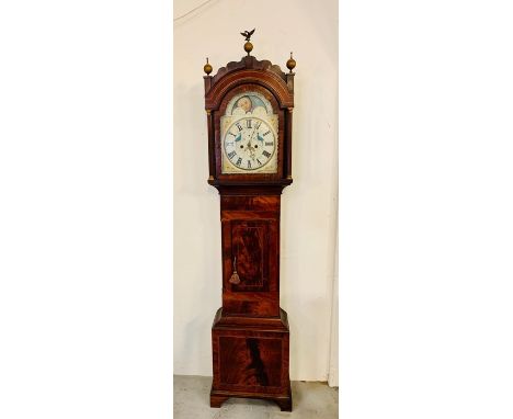 A Victorian mahogany longcase clock, the eight day movement with rolling moon phase and brass orbs to top 