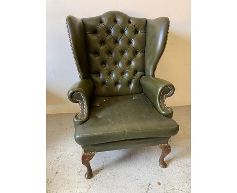 Faux leather button green wingback chair