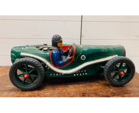 Large model of vintage racing car and driver 