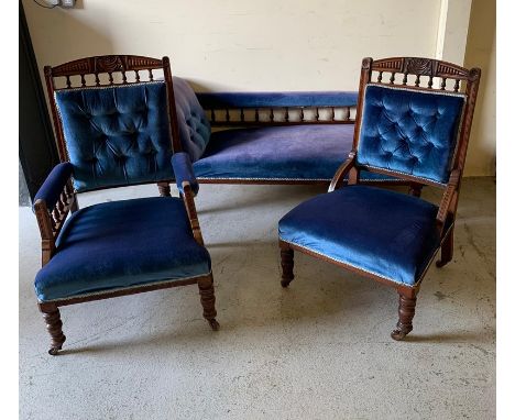 Three piece salon suite with button back and blue upholstery 
