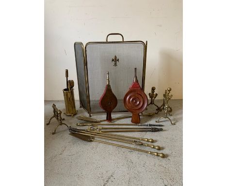 A selection of brass fire furniture including screen, tools and bellows  