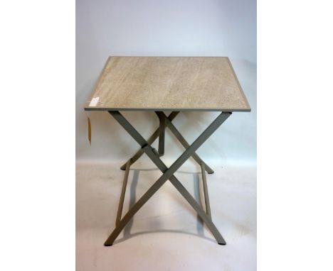 A pair of folding table with tile tops, H.74 W.63 D.63cm 