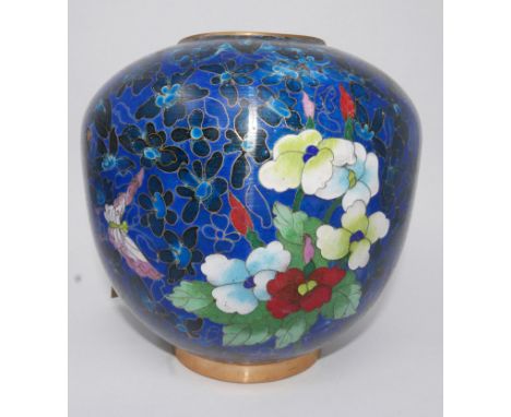 A Chinese cloisonne enamel ovoid vase (no cover), decorated with flowers and butterflies, H.18cm 