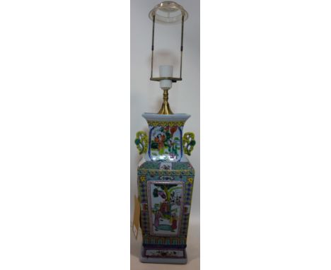 A Chinese twin handled vase converted to a lamp, decorated with vignettes of figures in a garden setting within floral border