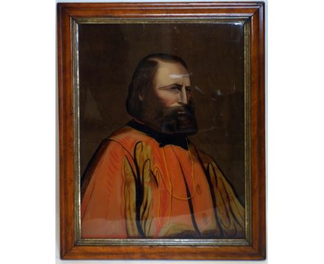 A 19th century reverse glass portrait painting, in maple frame, 53 x 41cm 