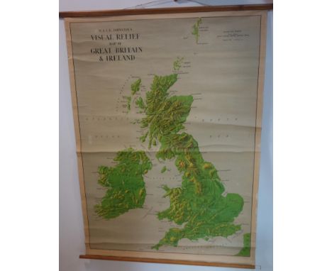 A vintage scroll map, a visual relief map of Great Britain &amp; Ireland, by W.&amp;A.K. Johnston's, 130 x 100cm 