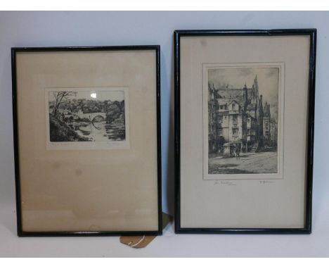 Ray Allen, View of a Bridge by a Village, etching, signed in pencil to lower margin, framed and glazed, 10 x 15cm, together w