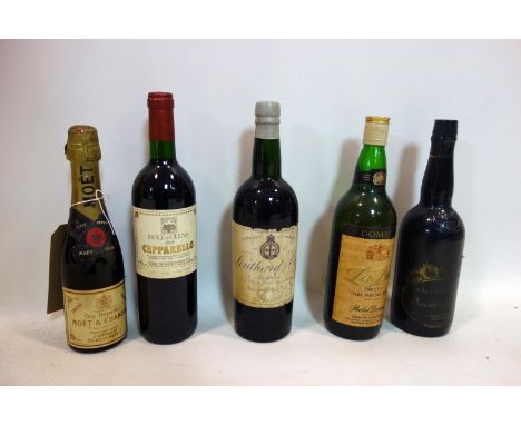 Two vintage bottles of wine, two bottles of vintage sherry and a bottle of vintage champagne 