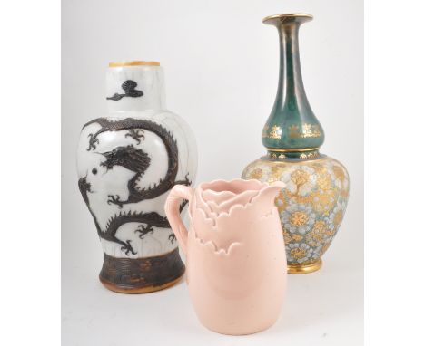 A Japanese crackle-glazed baluster shape vase, serving a lamp base, 37cm; a Studio pottery covered bowl, other vases, etc.