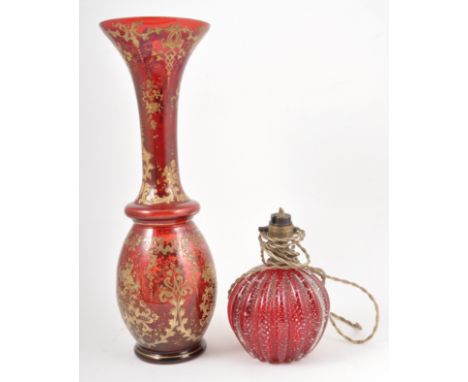 Ruby flared glass with filt overlay, Ruby fluted glass, fleck bubble lamp base.