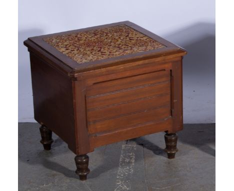 Victorian mahogany commode, needlework inset panel cover, circular pottery basin. 45cm high x 49cm wide.