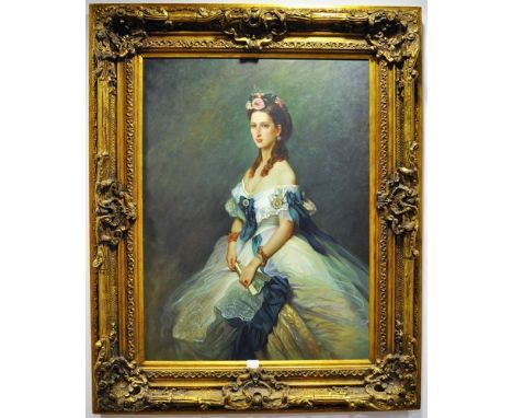 Continental School, modern three-quarter length portrait on canvas, portrait of lady holding a fan, 100cm x 74cm swept gilt f