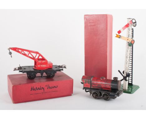 Hornby O gauge train set,  early 1950s, engine, tender and two Pullman carriages, rolling stock with boxes, double arm signal