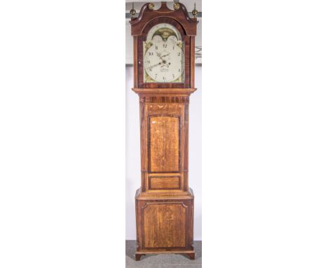 Oak and mahogany longcase clock, hood with swan neck pediment, tapering columns, short door, the base with canted corners, on