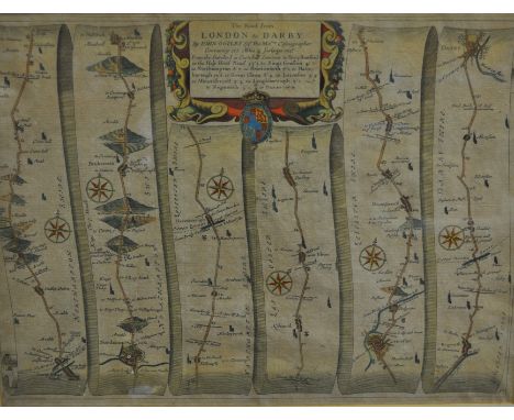 John Ogilby, 'The road from London to Darby', hand-coloured Ribbon map, 33cm x 44cm, and two other maps, (3)