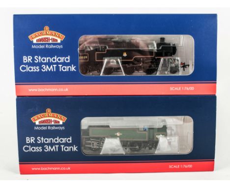Bachmann BR standard class 3MT tank 8209, BR lined black early emblem locomotive 31-975, BR standard class 3MT tank 82030 BR 